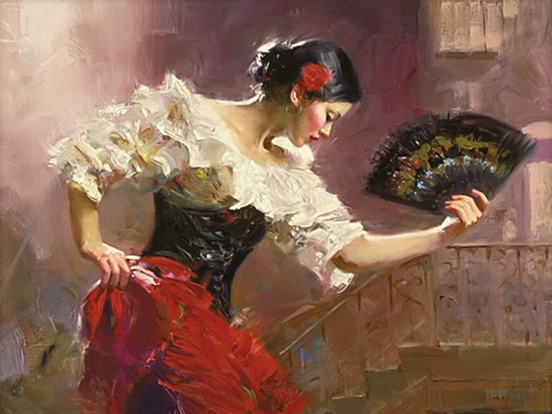 A painting of a Spanish Flamenco dancer with an ornate fan, which was the inspiration behind the packaging for our Spanish Malbec