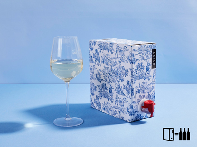 Laylo's blue and white Sauvignon Blanc boxed wine on a blue background. 